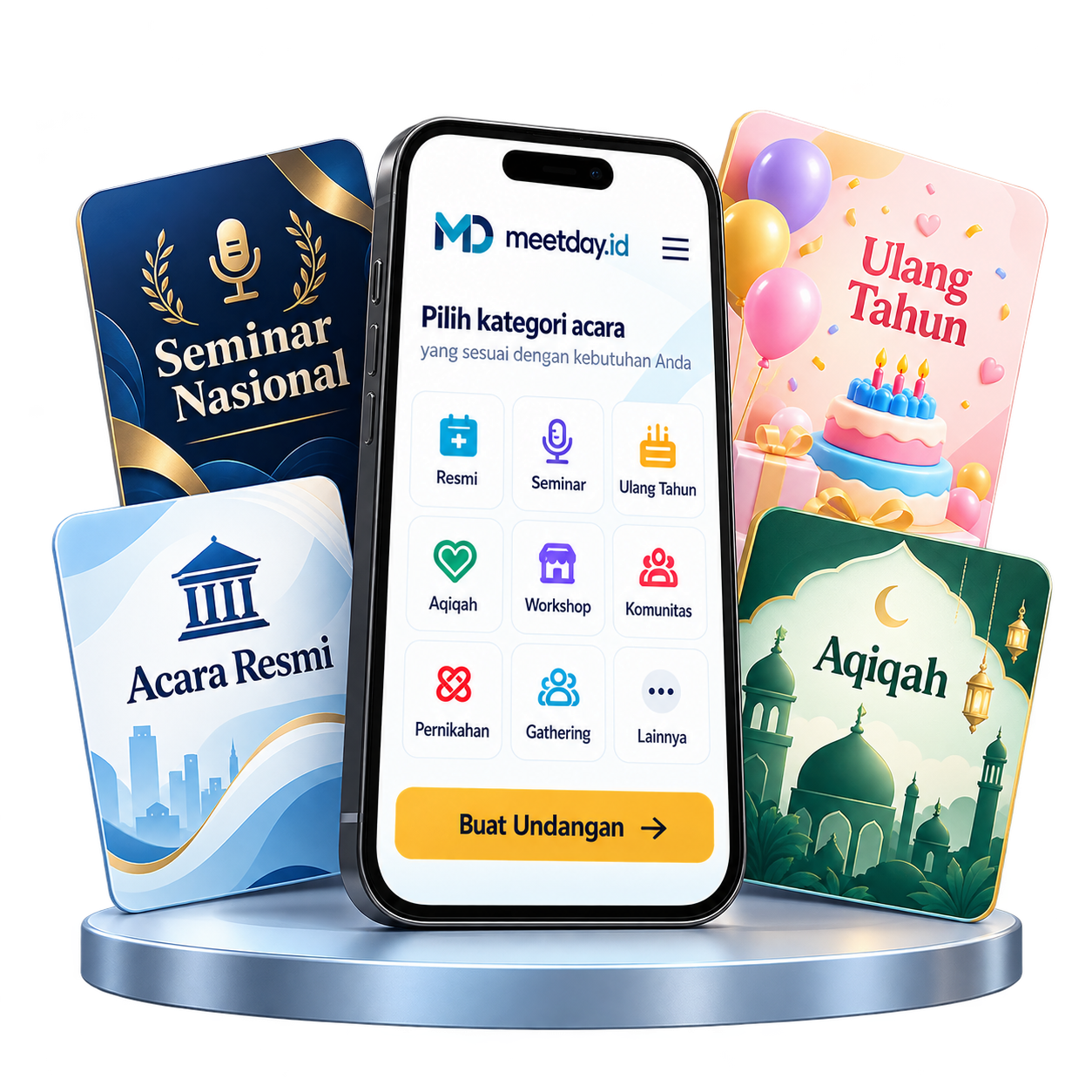 Ponsel MeetDay dengan desain seminar, acara resmi, ulang tahun, dan aqiqah
